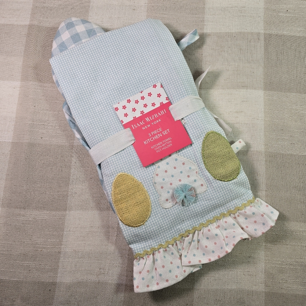 Isaac Mizrahi 3 Piece Kitchen Set Towel Oven Mitt Potholder Easter Bunny…